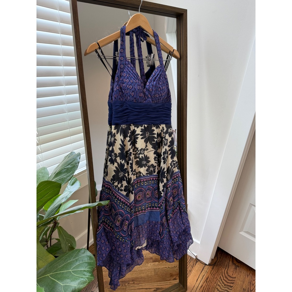 Sangria Silk y2k Halter‎ Dress Floral Print Party Cocktail Dress Purple Size 6
